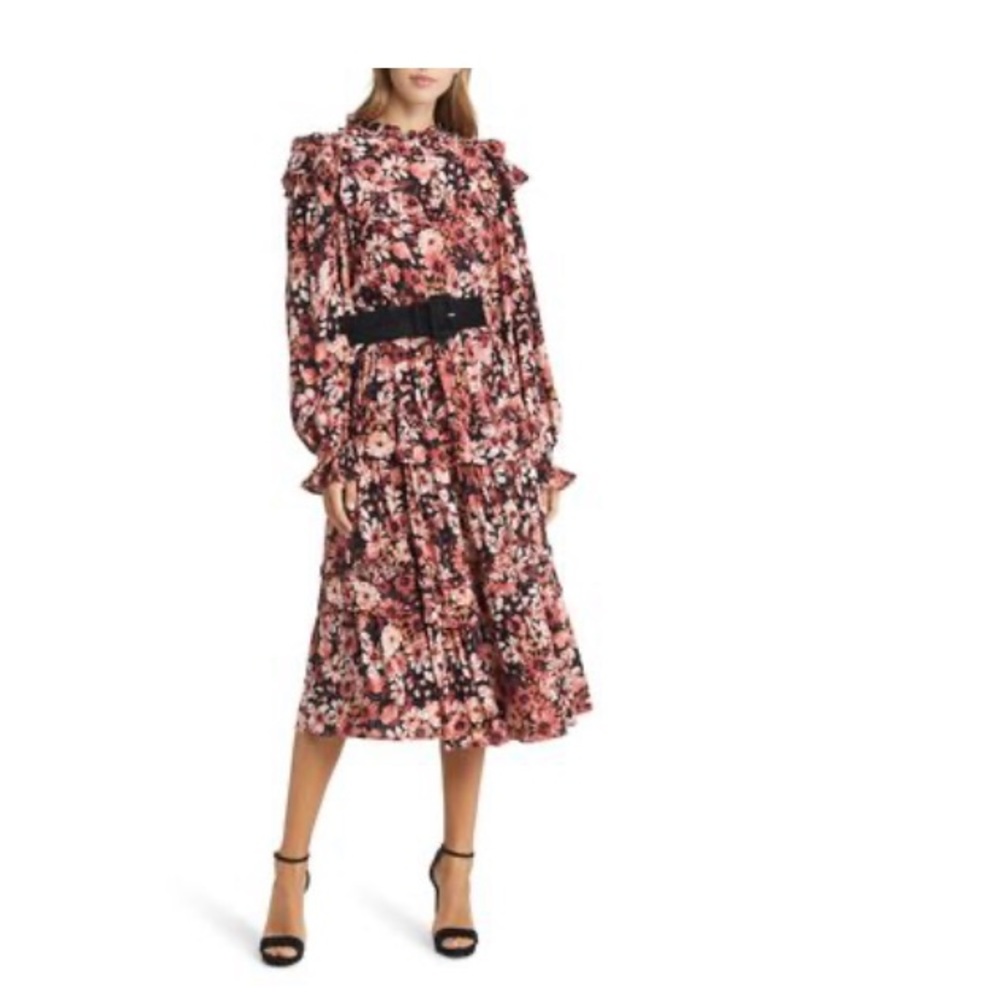 Rachel Parcell Autumn Bouquet Dress Victorian Floral Ruffle Tiered Long Puff .